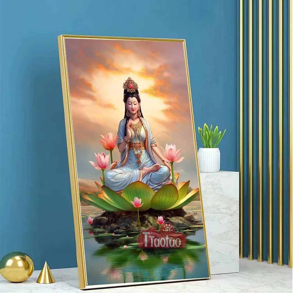 Full Diamond Cross Stitch Religious Large Size Diamond Painting 5D Buddha Statue Lotus Lake Landscape DIY Square Round Mosaic