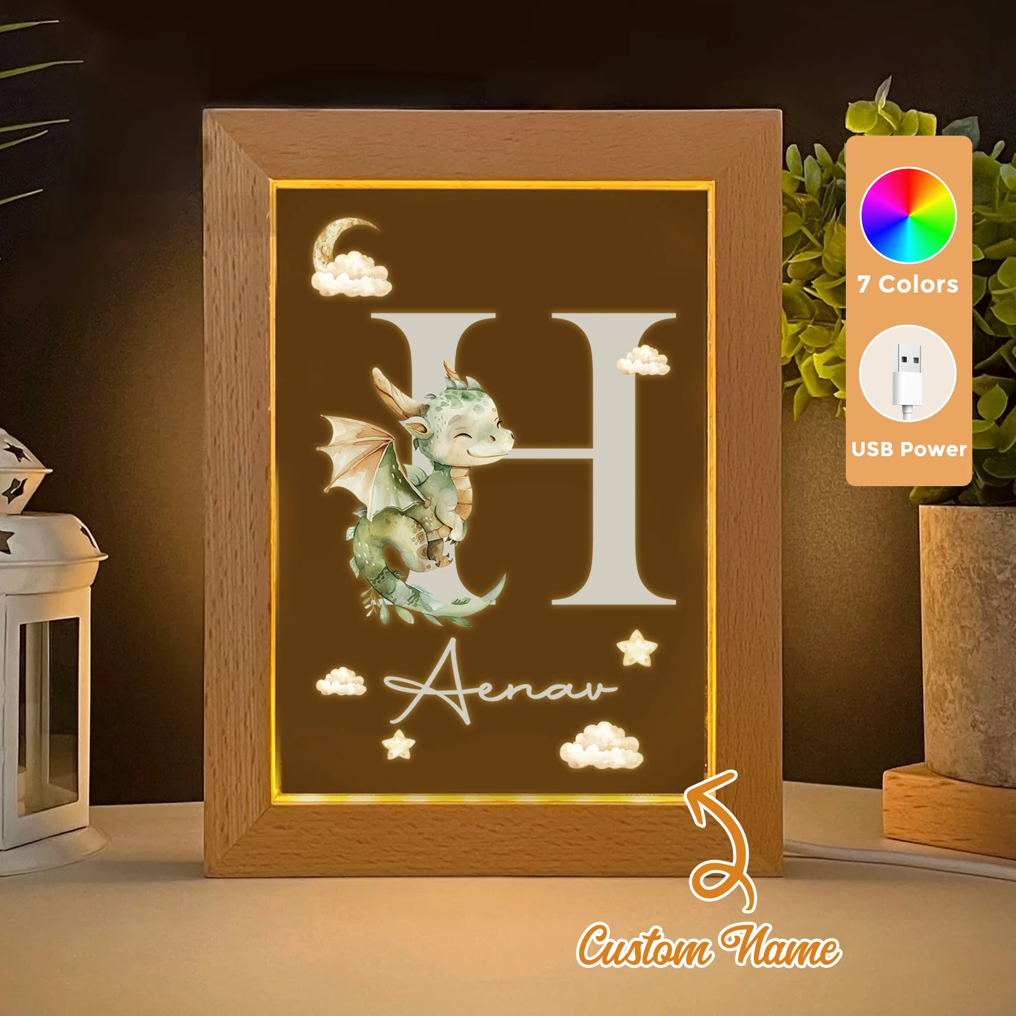 

2D Flat Custom Name Cyan Dinosaur LED Acrylic Night Light Wood Photo Frame 21x17cm Cartoon Children Bedroom Gifts Home Decor