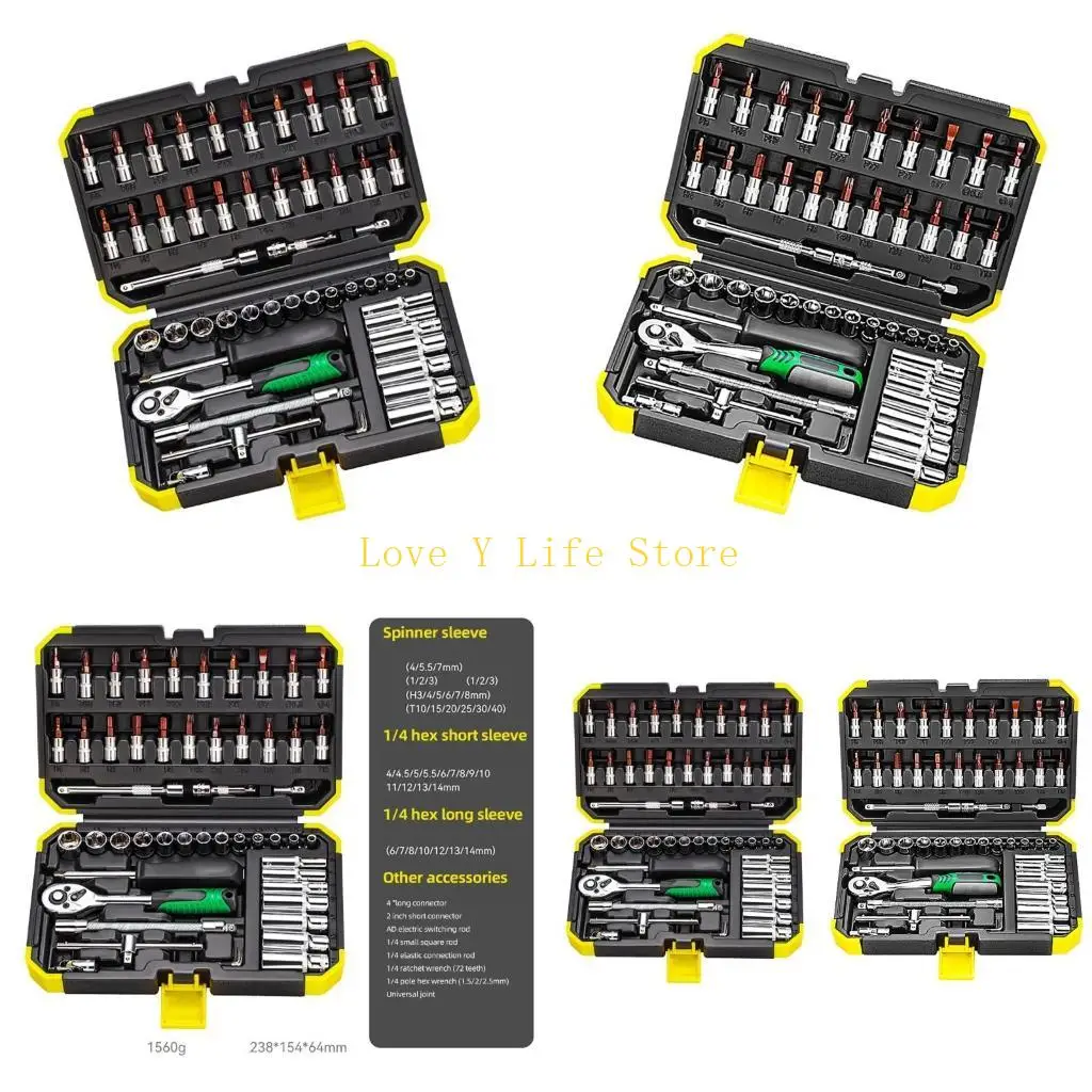 

L74C 53Piece Sockets Wrenches Set with Extension Bar Gimbals Slide Bar for Various Use
