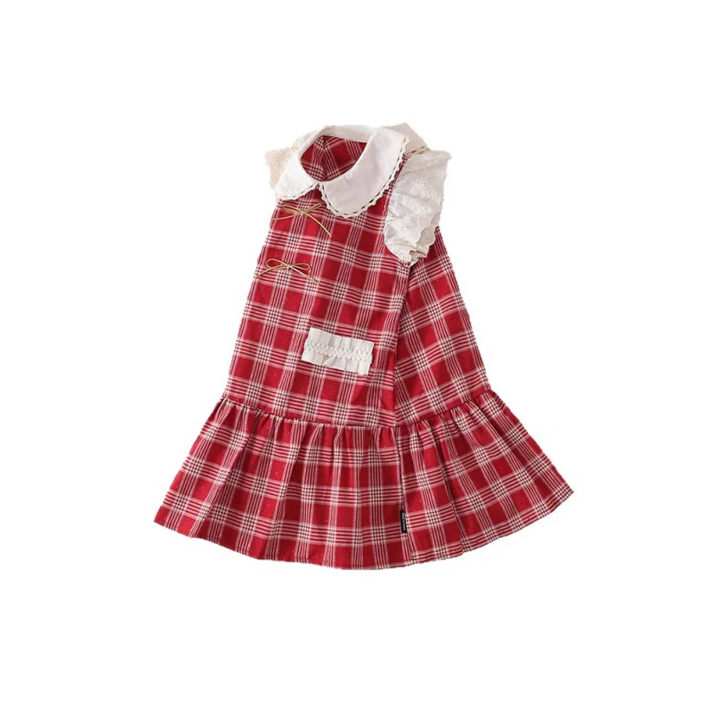 Girls' College-Style Dress New Summer Plaid Lace Flutter-Sleeve Tank Dress Stylish Turn-Down Collar Tank Dress