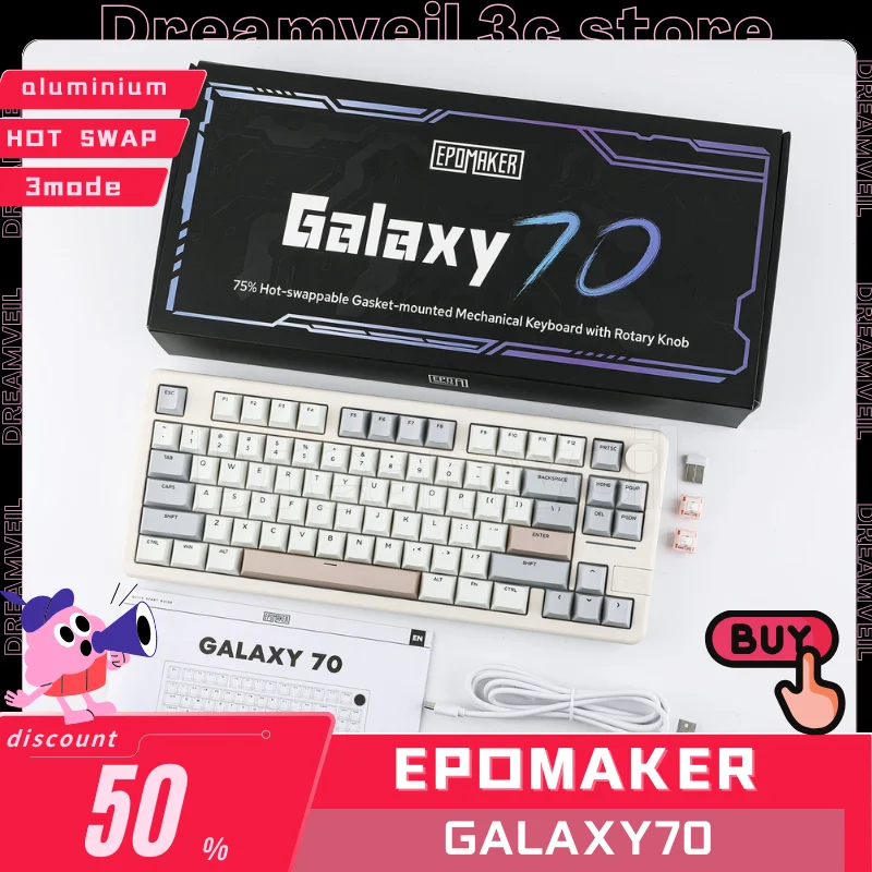 Epomaker Galaxy70 Wireless Mechanical Keyboard 3mode Rgb Knob Aluminium Alloy Laptop Hot Swap Gamer Pc Gaming Keyboard Custom