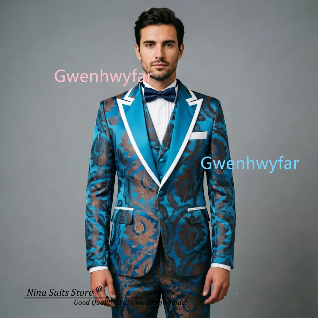 G&N 2026 New Designed Men Pattern Printed Lake Blue Satin Suist for Men Custom Peak Lapel Blazer Slim Vest Pants Wedding Sets