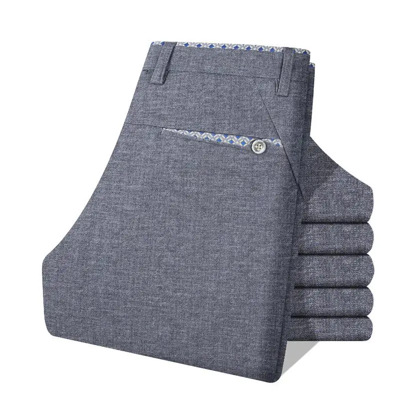 Men's High Elastic Business Casual Pants Versatile Knitted Men's Pants Black Slim Thin Trousers