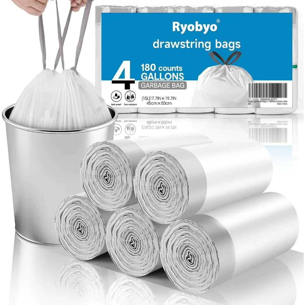 

4 Gallon Drawstring Trash Bags, 180 Counts, Extra Strong & Stretchy for Kitchen Bathroom