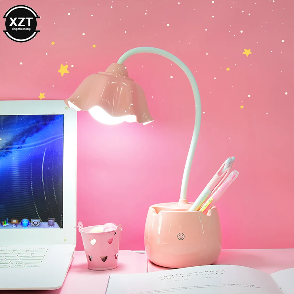 Girls LED Reading Desk Lamp Dimmable Touch Eye Protection Portable Lamp USB Rechargeable Bracket Pen Holder Multi-Function Light