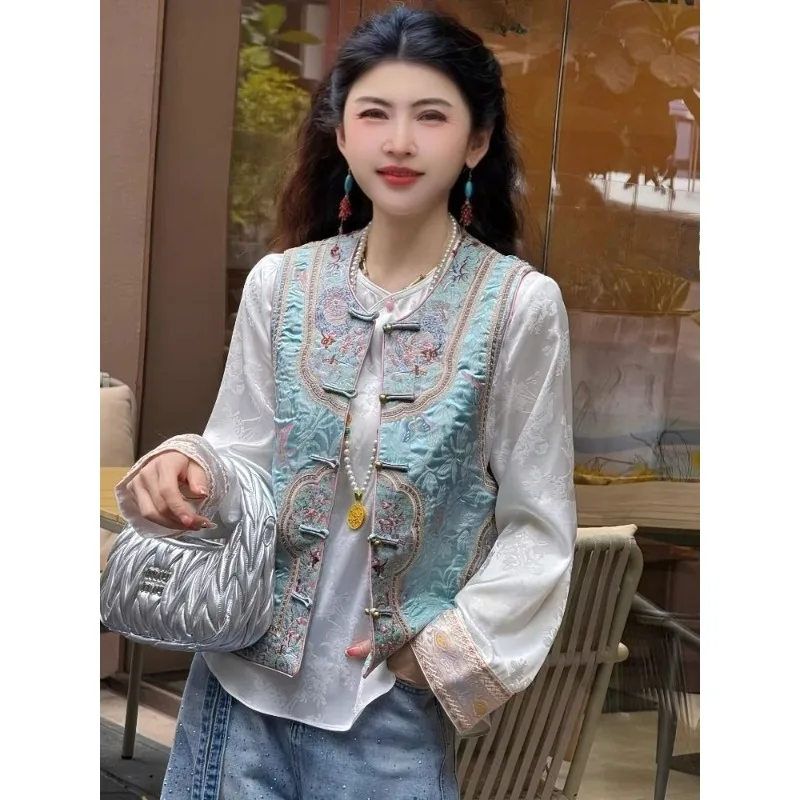 New Chinese Jacquard Fashion Set for Women Early Spring New Style Button-up Vest Loose Shirt Two-piece Set Personalized High-end