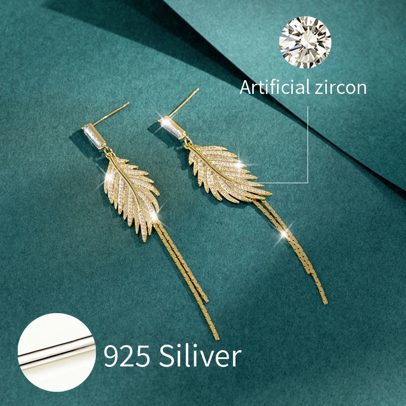 Luxury 14K Real Gold Plated Leaves Tassel Stud Earrings for Women 2022 Trending Cubic Zircon Wedding Jewelry free shipping