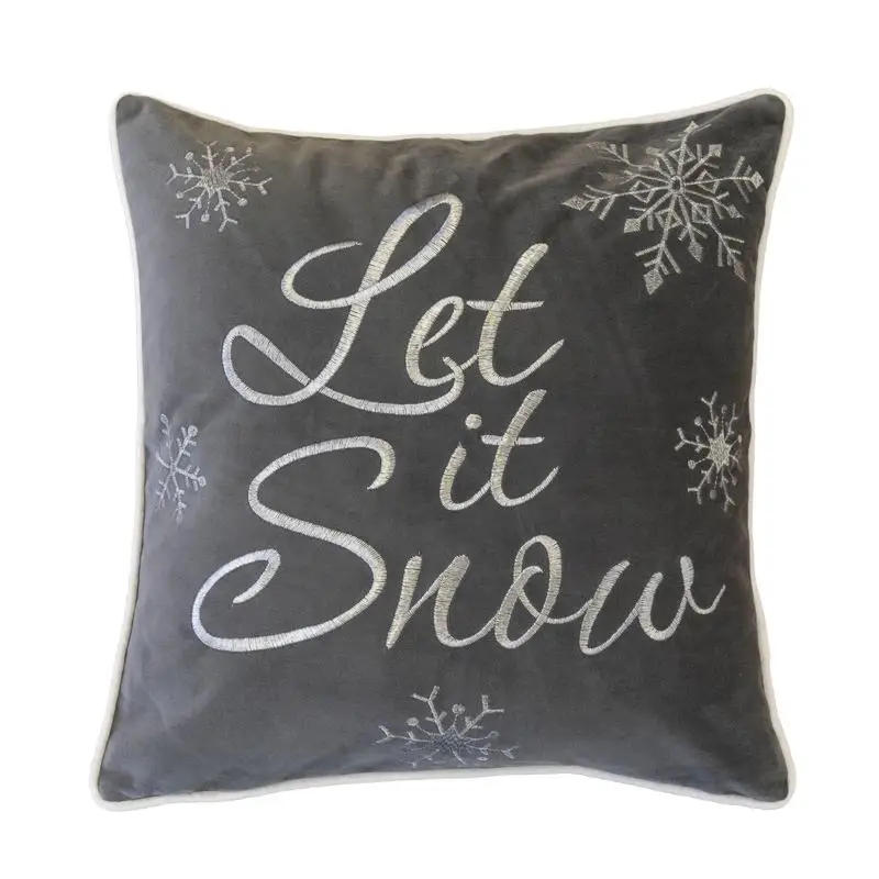 

20x20 Gray Cotton Throw Pillow with "Let It Snow" Embroidery - Winter Accent Cushion with Insert
