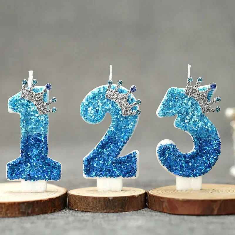 Blue Glitter Gradient Number Candles with Silver Crown, Birthday Cake Topper for Boys Party, Baby Shower & Kids Celebration