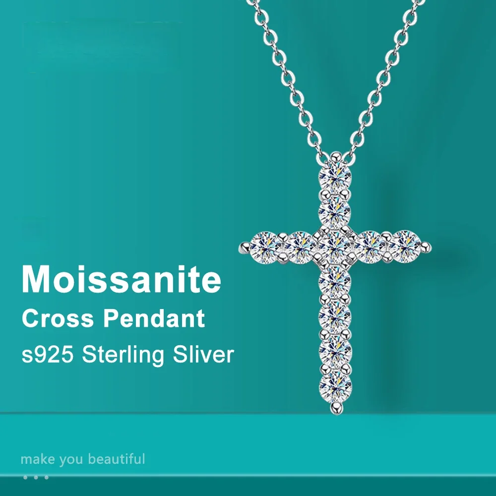 Moissanite Chain Cross Pendant Silver White Gold Plated - 45cm