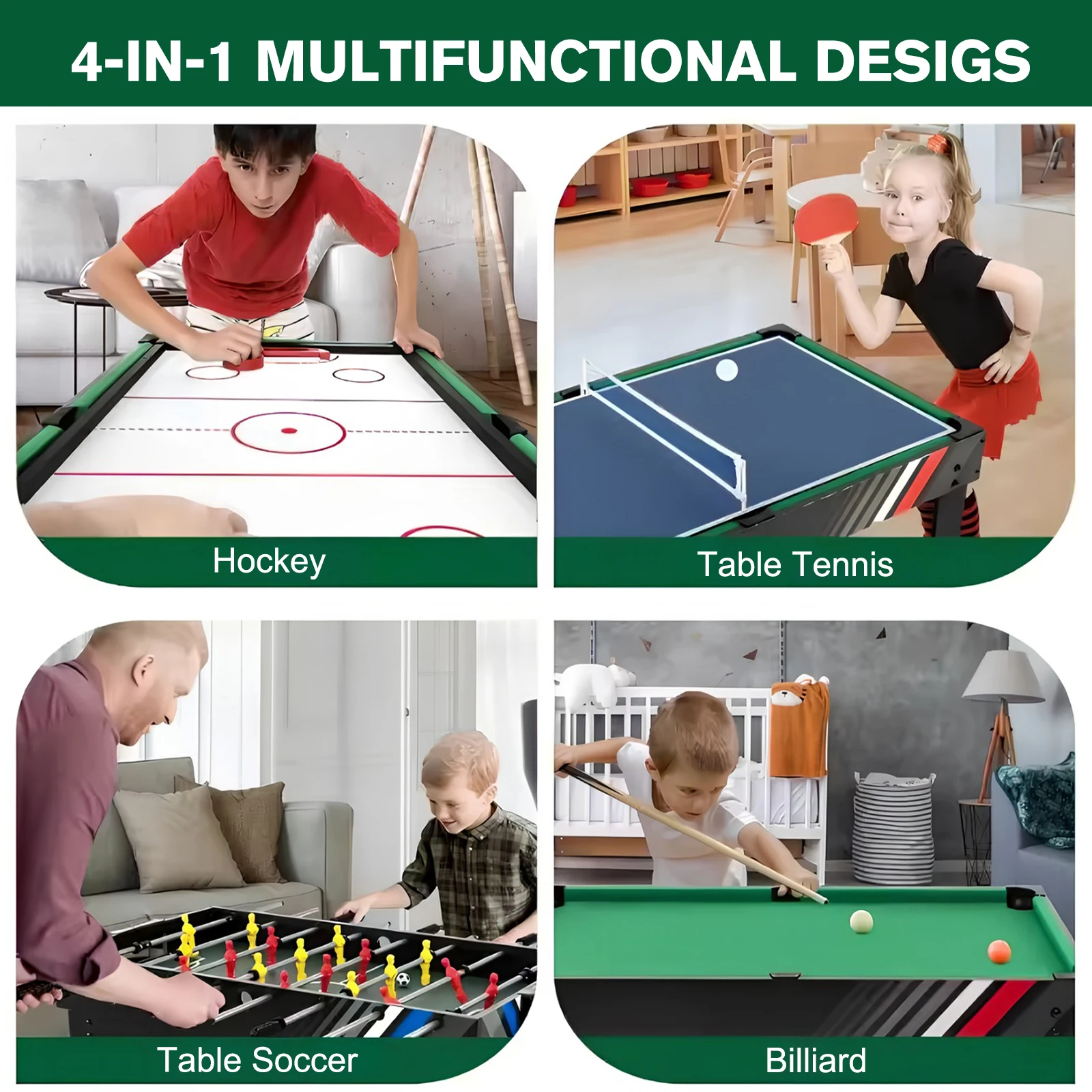 4-in-1 Tischfußball-Kombi-Set mit Fußball, Billard, Eishockey und Tischtennis, Konvertierbarer Spieltisch, Verschleißfest, als Geschenk für Kinder