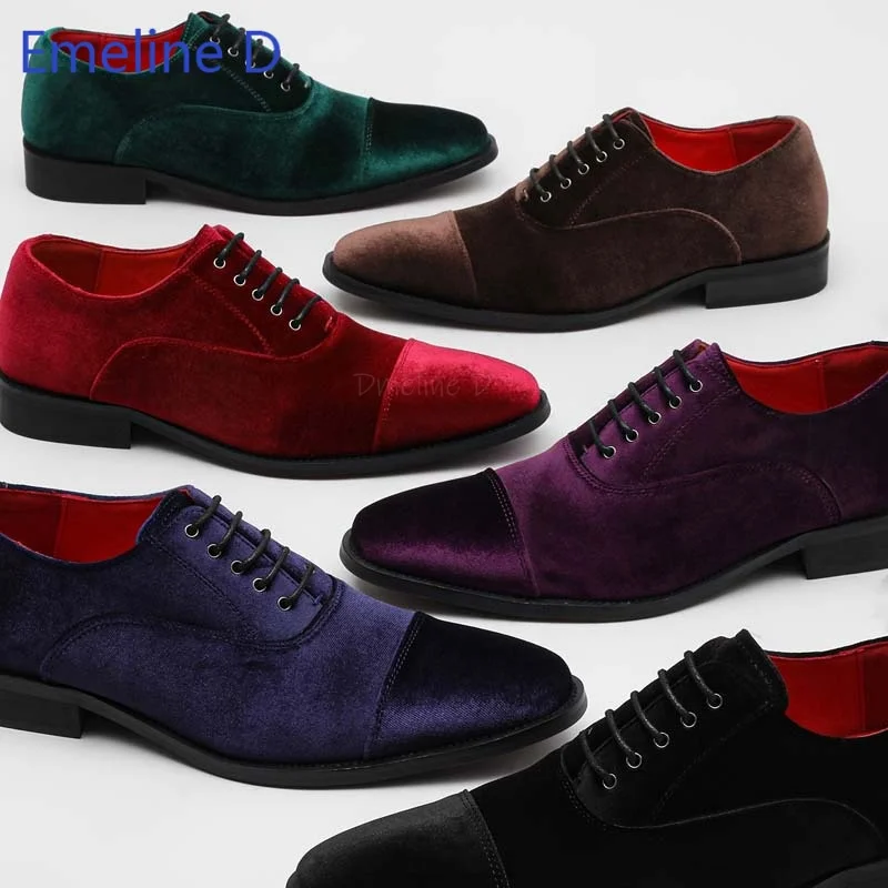 Men Cap Toe Velvet Oxford Shoes Solid Color Lace Up Flat Dress Footwear Slim Formal Wedding Party Banquet Business Fashion Shoes