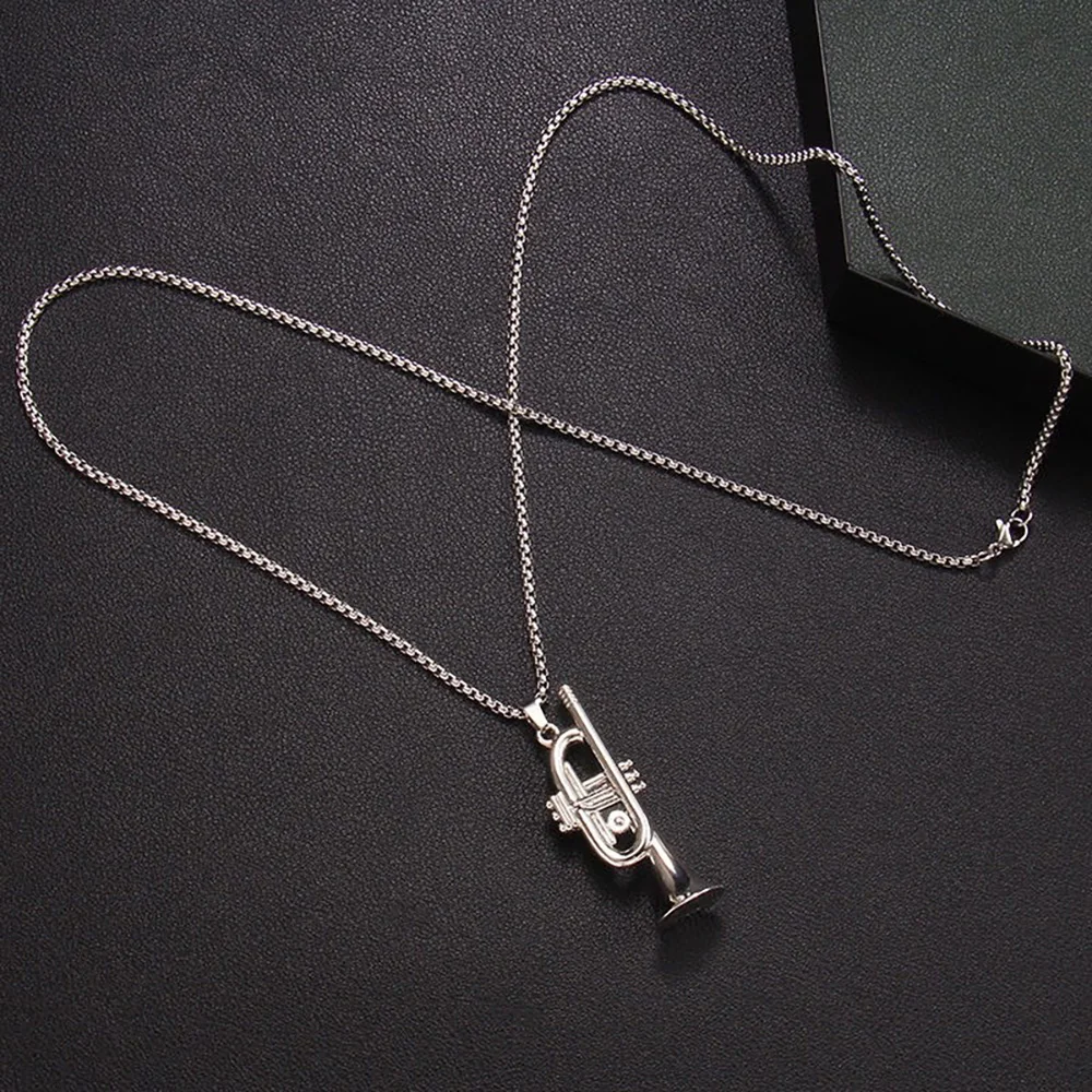 Metal Trumpet Necklace Mens Alloy Silvery Instrument Pendant Necklaces Long Chain Chokers Men\'s Rock Band Jewelry Charms Gifts