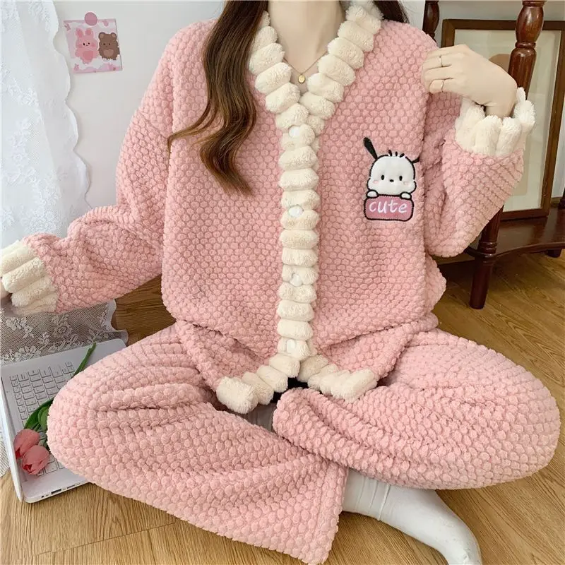 

Kawaii Hello Kitty коралловые бархатные пижамы для девочек с длинными рукавами милые топы Y2K Sanrio фланелевые пижамы повседневные брюки комплект домашней одежды