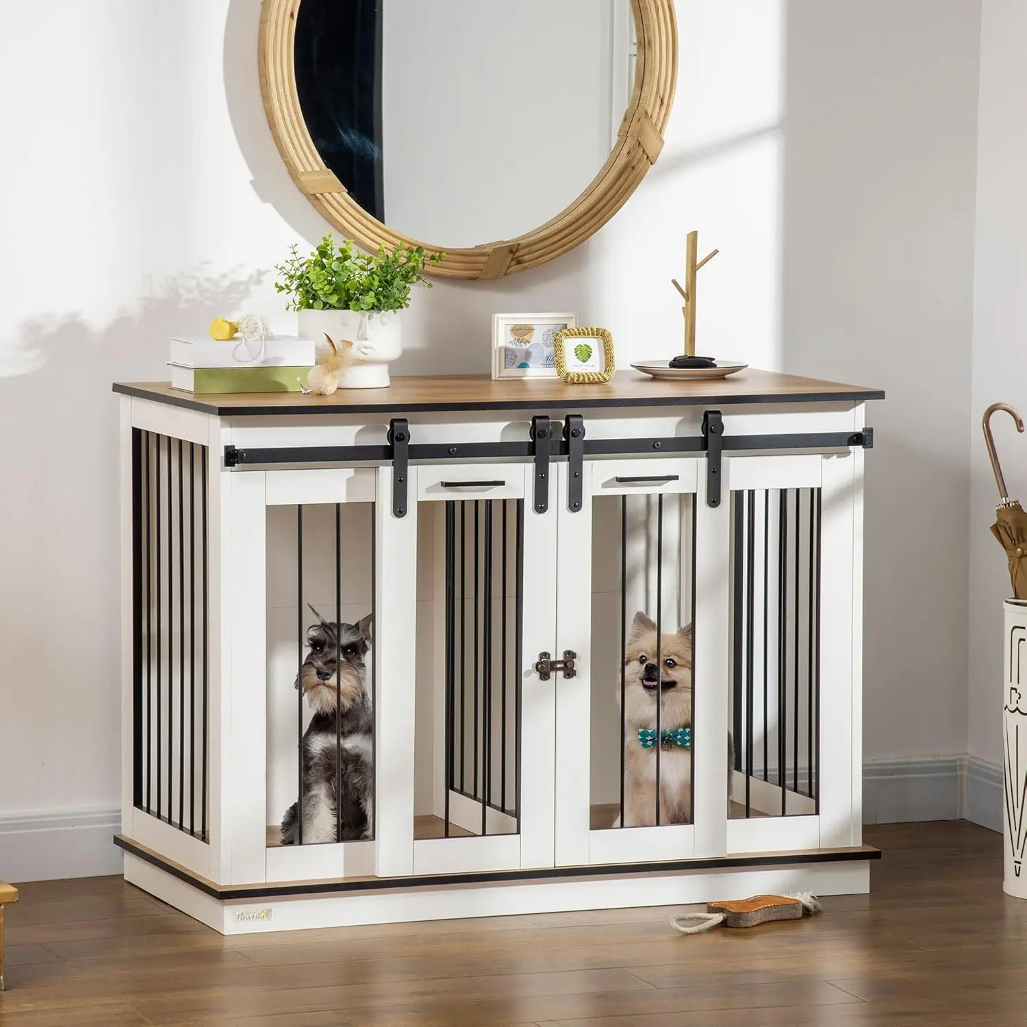 Pawhut Dog Crate Furniture With Divider, Dog Crate End Table For Small To Large Dogs, Large Indoor Dog Kennel With Double