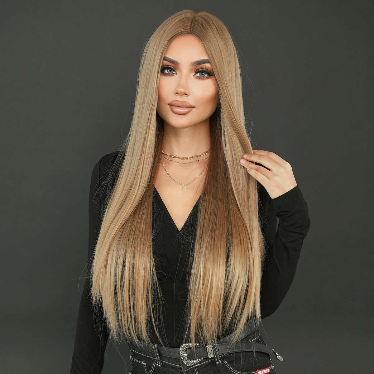 PARK YUN Long Straight Wigs For Women Omber Blonde Synthetic Hair African American Favorite Female Full Wig Mid Split Wig