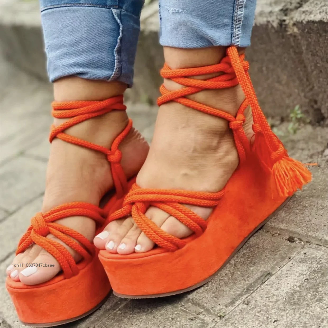 Women Platform Wedge Sandals Tassel Lace Ankle Wrap Sandal Open Toe Braided Rope Strap Summer Fashion Casual Beach Wedge Shoes