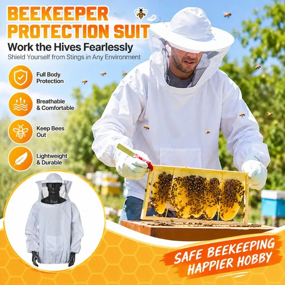 New Lightweight Beekeeping Jacket Protective Hat Sleeve Veil Smock Beekeeper Suit for Beekeeping Apiculture