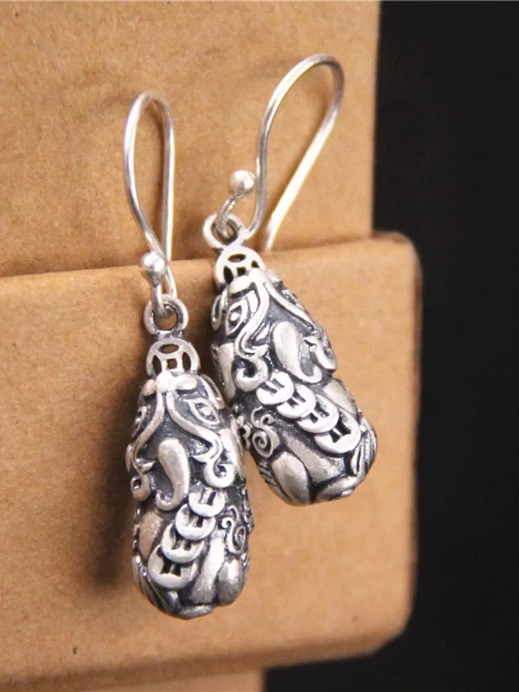 S925 Pure Silver Vintage Oxidation Lucky Beast Ear Cuff Thai Silver Ethnic Style Coin Pendant Women's Fashion Jewelry Ear Stud