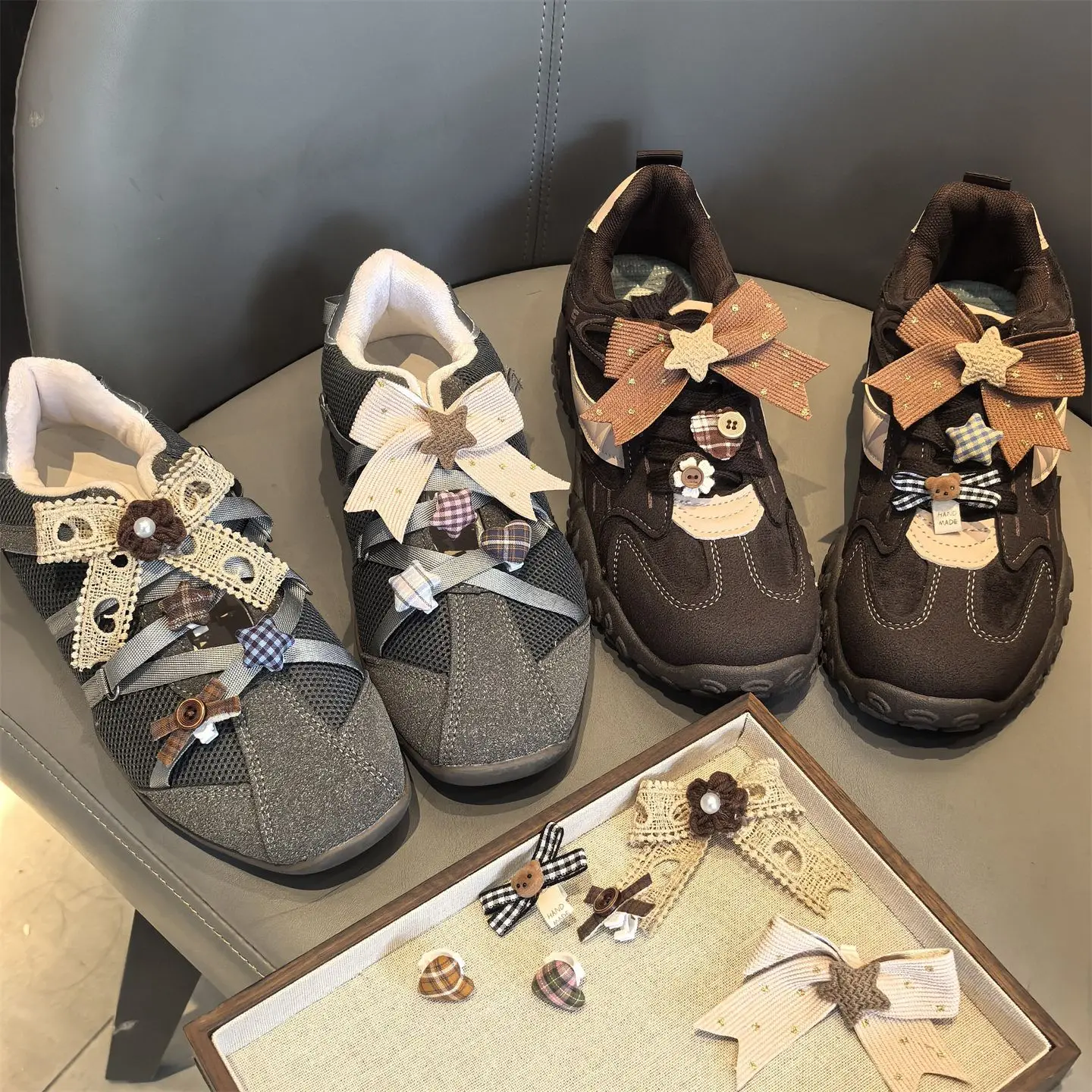 Shoe Charms Brown Plaid Bow Heart Star Shoelace Ballet Decoration Buckle Resin Small Lightweight Women Girls Daily Gift New