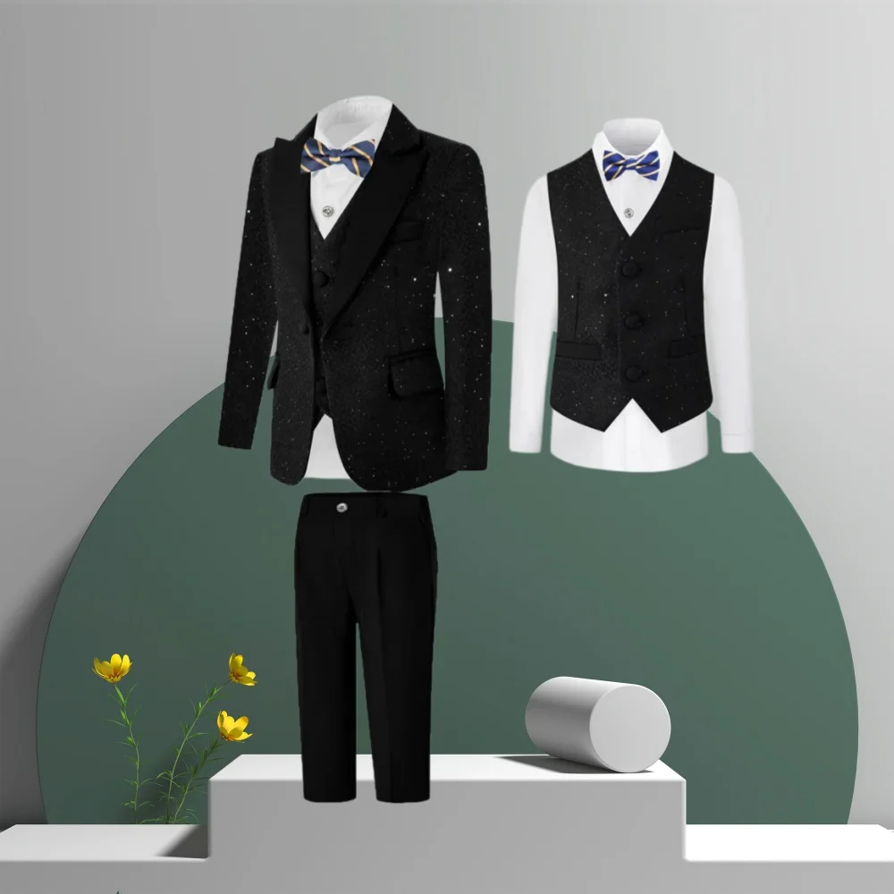 90-170 Teenager Boys Black Shiny Jacket Vest Pants Bowtie Wedding Suit Kids Host Dress Children Ceremony Photography Costume