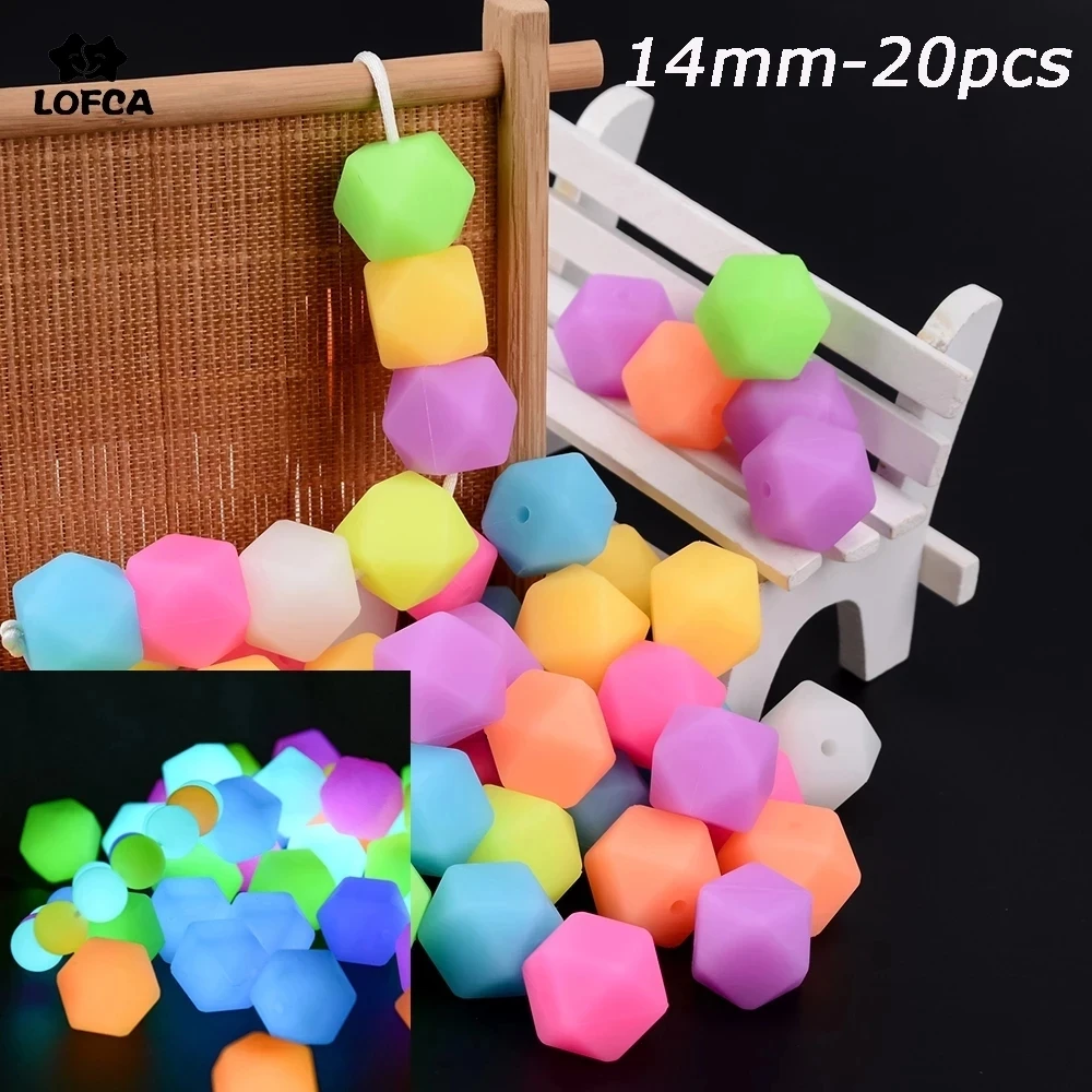 Lofca 20pcs Luminous Beads Mini Hexagon BPA free food grade Silicone Glow in the Dark Baby Pacifier Chain Beads DIY Accessories