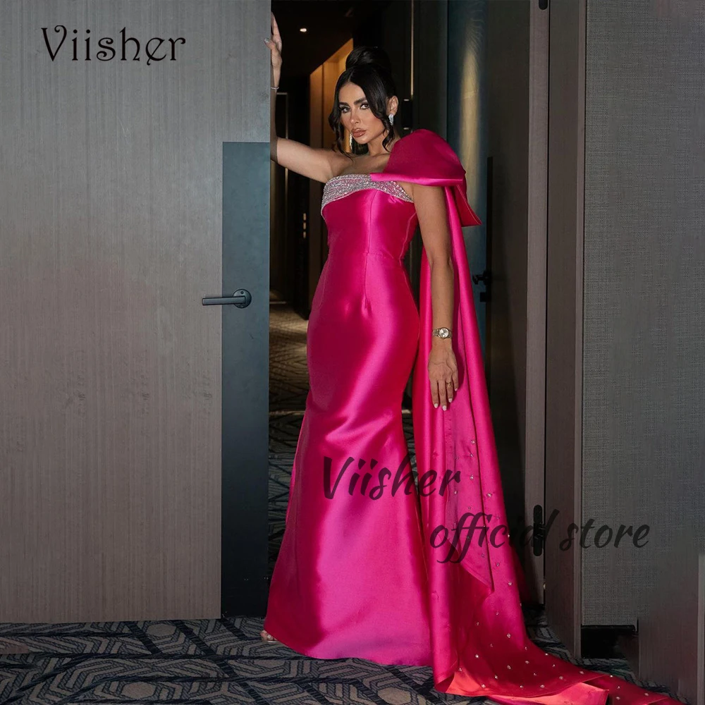 

Fuchsia Mermaid Evening Dresses One Shoulder Beaded Satin Luxury Prom Dress Floor Length Arabian Dubai Formal Occasion Gowns