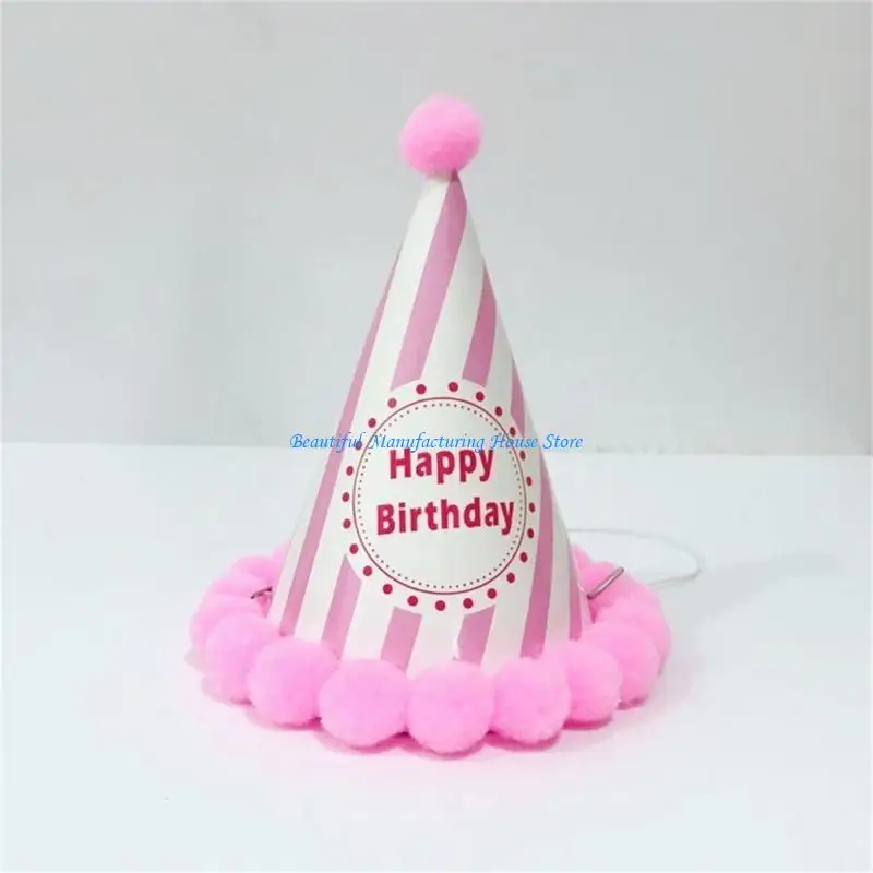 

E56A Happy Birthday Hat Furry Balls Pointed Hat Boys Girls Adult Birthday Party Cap
