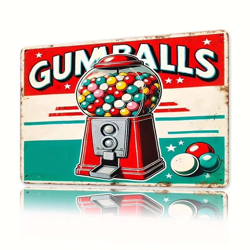 Gumballs Metal Wall Art Sign -   Retro Tin Decor for Kitchen, Bar, for Man Cave, Garage - Fun Design with Red Gumball Machine &