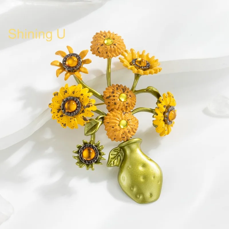 

Shining u vintage sunflower and vase brooch for women men fashion accessory gift