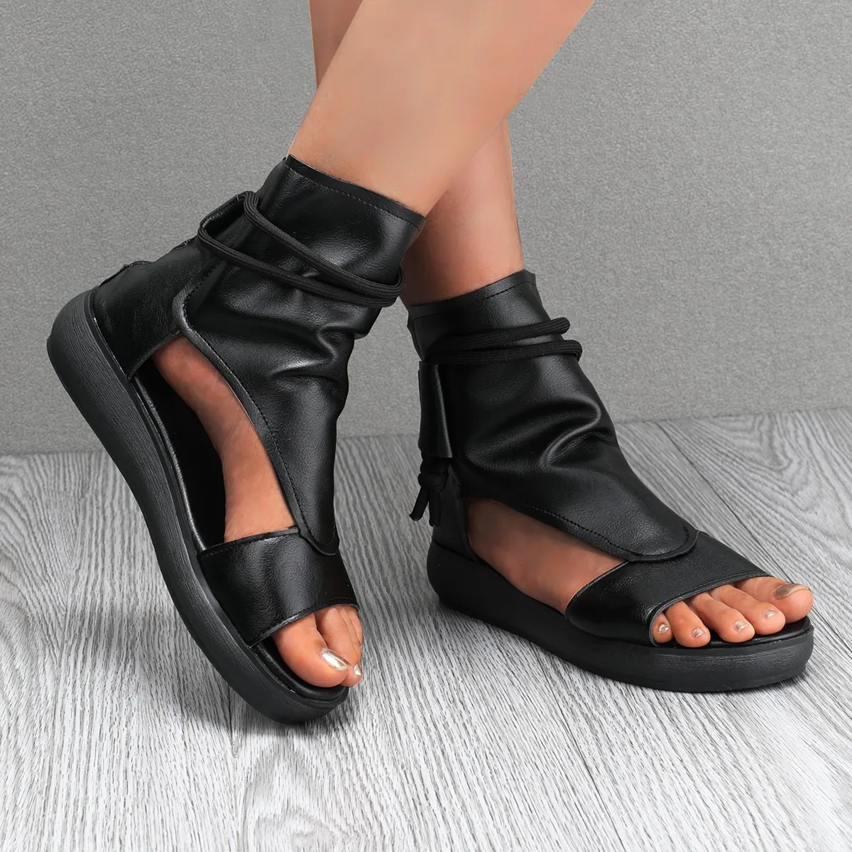 

New New Ladies Vintage PU Leather Cool Boots Fashion Women Sandals Summer Mid Heels Wedges Shoe Sandalias Mujer Sapato Feminino