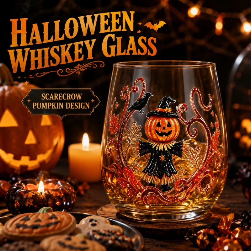 Pumpkin Scarecrow Glass Tumbler Halloween Sticker Craft Whisky Cup for Autumn Party Table Decoration