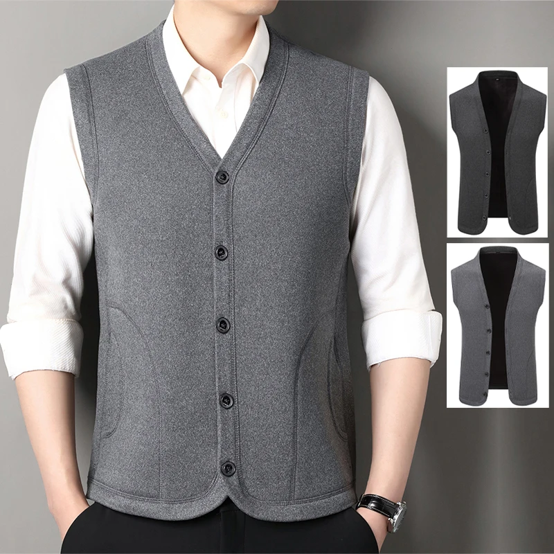 Men's Fleece Vest Lightweight Sleeveless Jacket Button Cardigan V Neck Casual Waistcoat with Pockets
