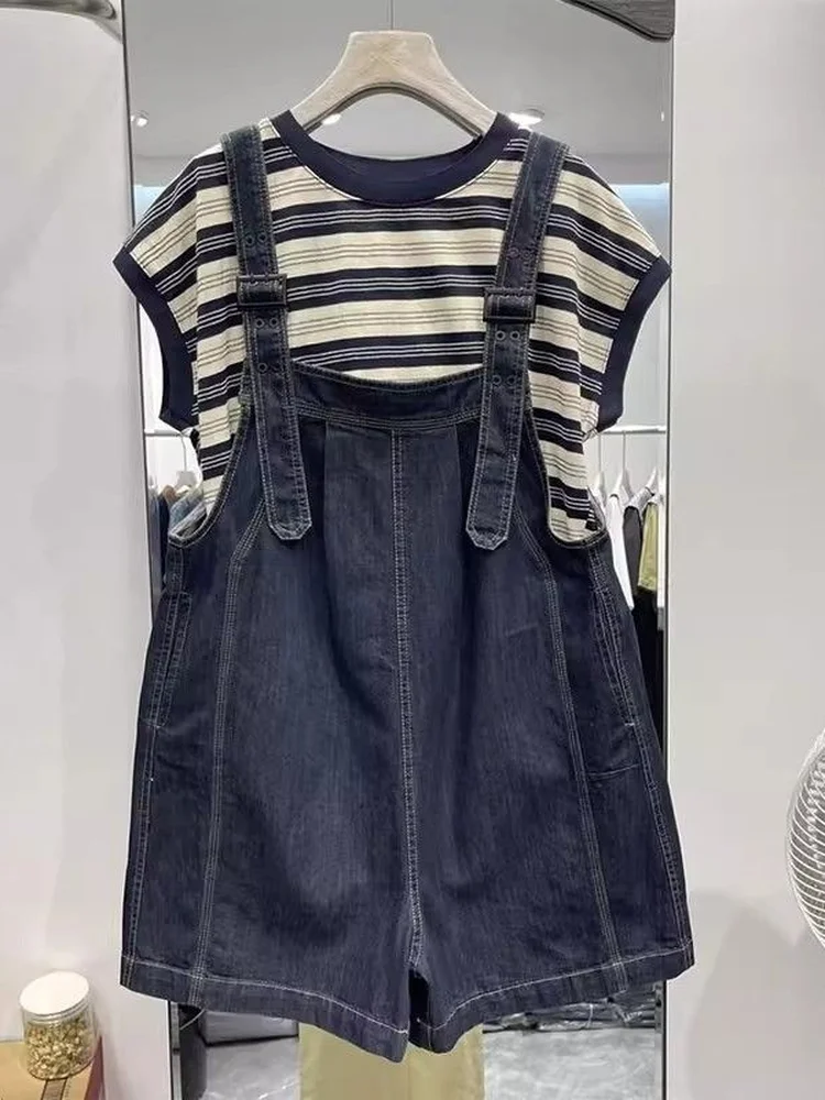 

Женский джинсовый комбинезон больших размеров в корейском стиле, свободные шорты с широкими штанинами, комплект из двух предметов, летняя модная повседневная одежда, износостойкая кожа
