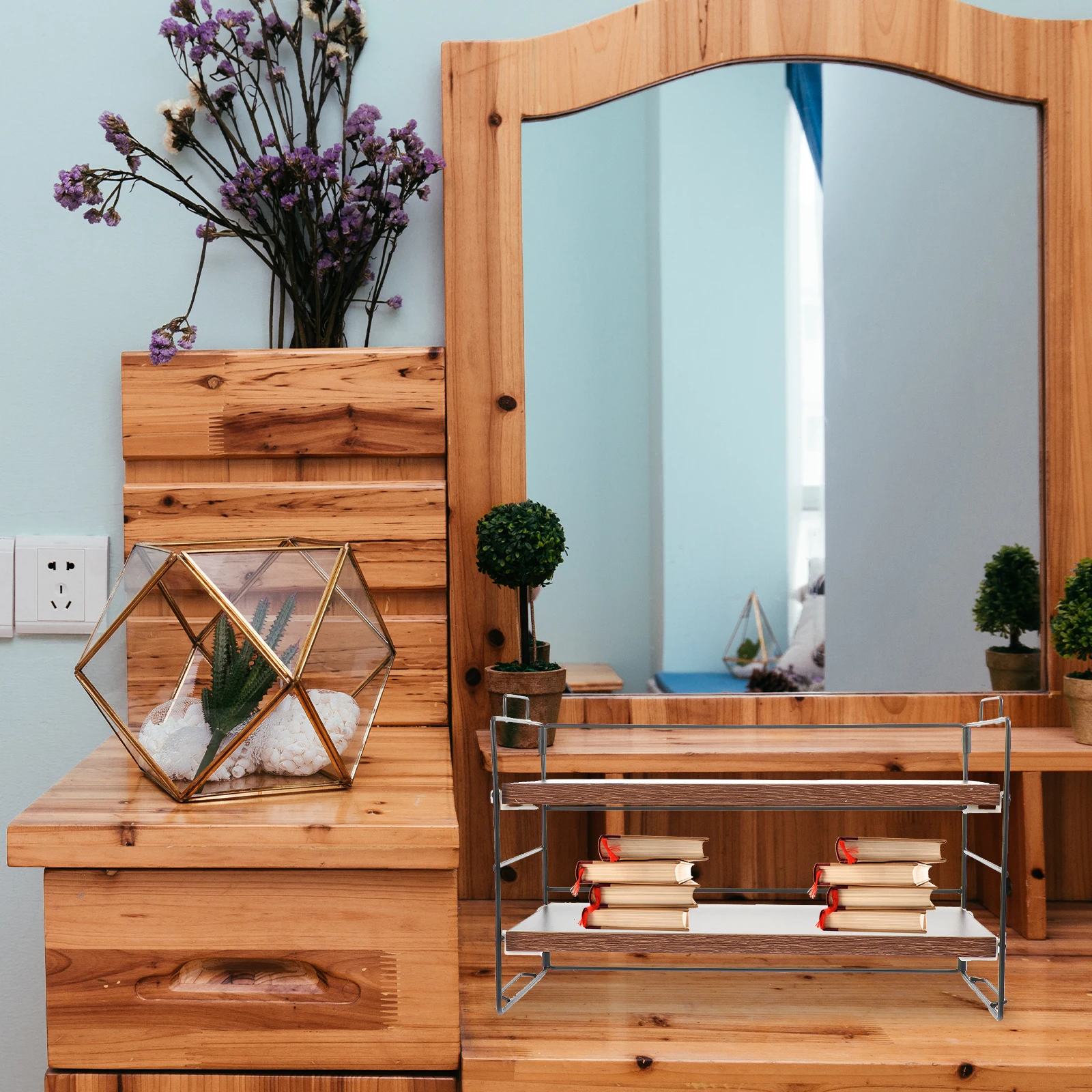 

1Pcs Double Layer Desktop Storage Rack Premium Iron Wood Multi-Function Sundries Organizer Office Table Stationery Cosmetics