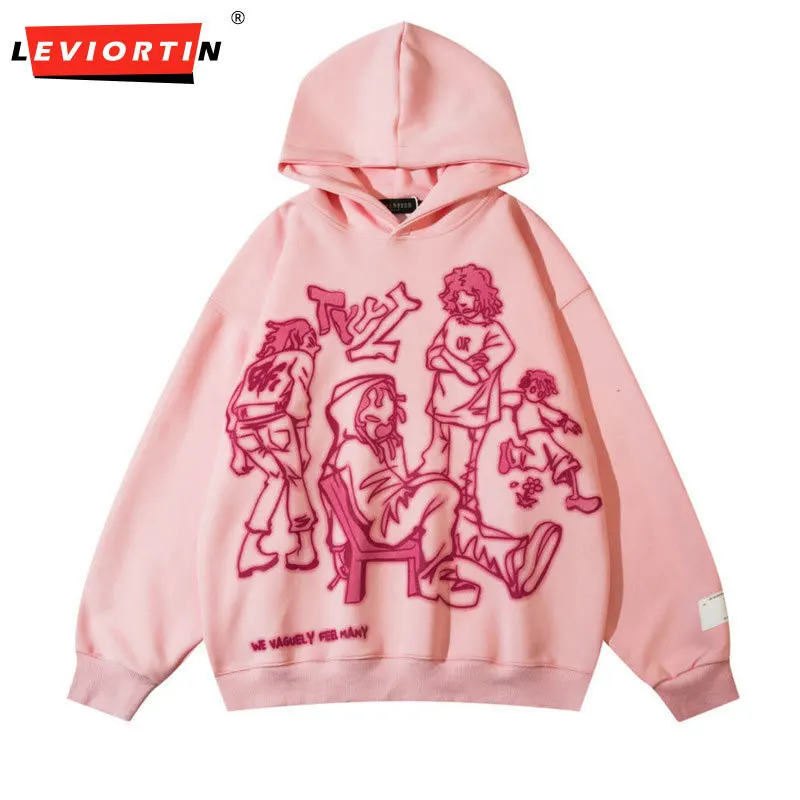 

2025 Autumn men's high street trend niche loose hand drawn line printed anime cartoon hooded sweatshirt pullover sweatshirt