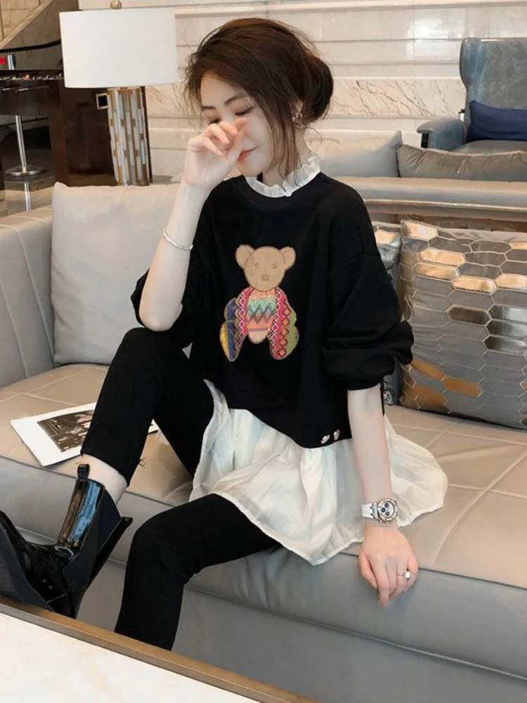 

Black Female Top Graphic Pullovers Splicing Women's Sweatshirts Spring and Autumn Long Novelty Designer Y2k Style Cheap New in E