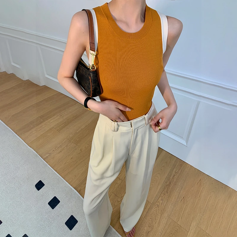 Camisola de alças laranja de rua alta feminina, camisola de malha justa, gola redonda elástica, Y2K, primavera e verão, 2024