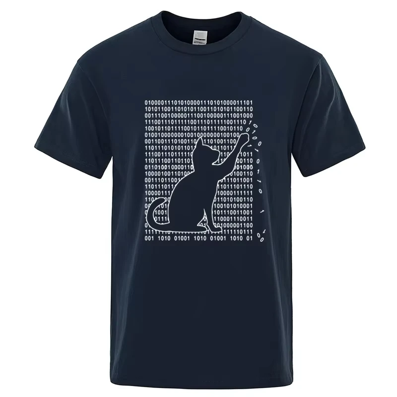 Binary Code Cat Graphic T‑Shirt Men Women Funny Programmer Geek Print Casual Short Sleeve Crew Neck Fashion Tee
