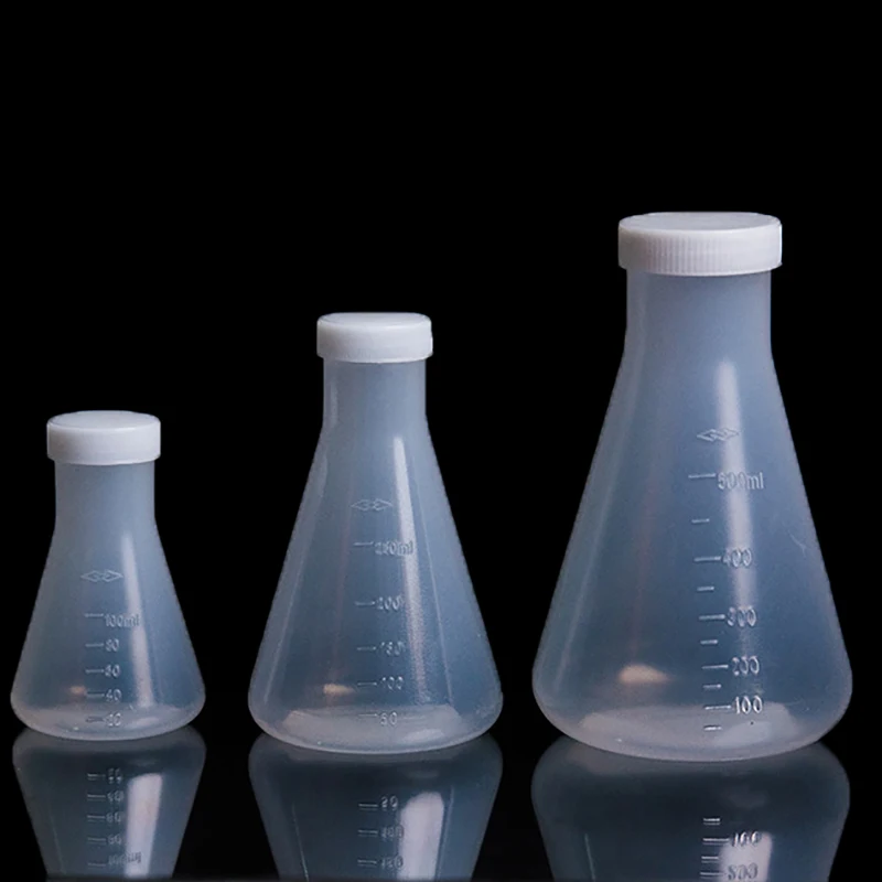 Frasco Erlenmeyer de plástico de laboratorio de 50ml a 1000ml, botella contenedora cónica con tapón de rosca para experimentos de laboratorio