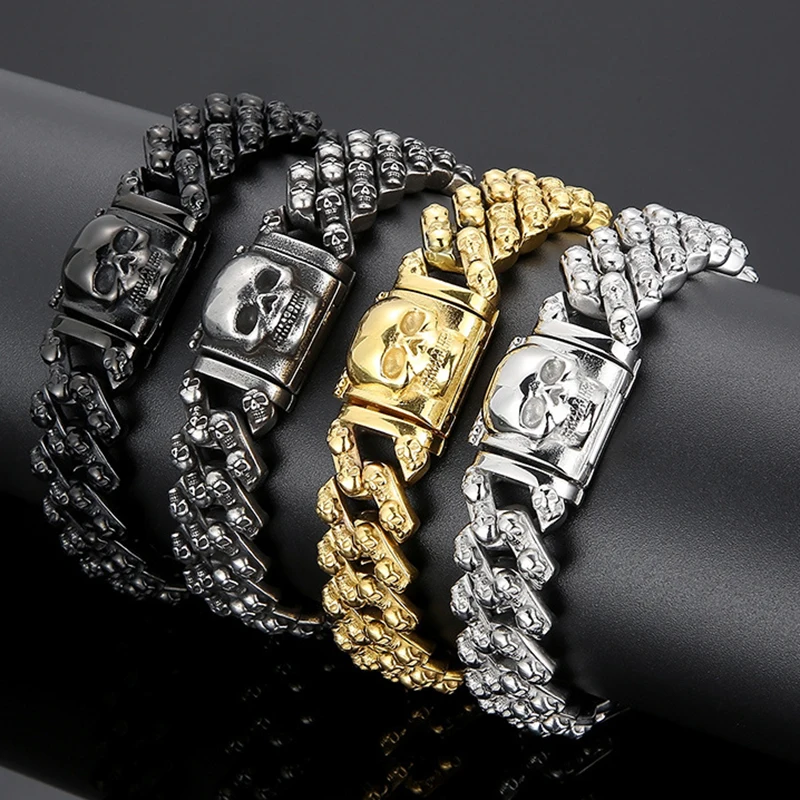 

16mm Luxury Gold Black Stainless Steel Bike Biker Skull Bracelet Punk Vintage Men Cuban Curb Chain Bracelets Bangle Jewelry