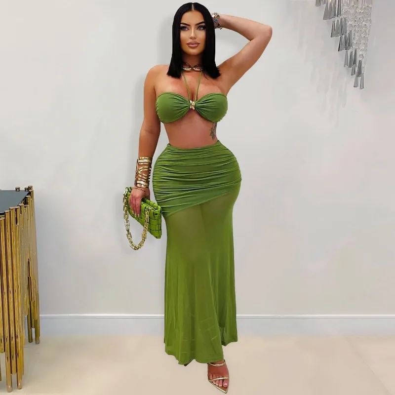 

GUWU 2025 Beach Holiday Women's Dress Set Crop Tops and Stacked Ruched Midi Maxi Skirts Suit Vacation Two 2 Piece Set Outfit