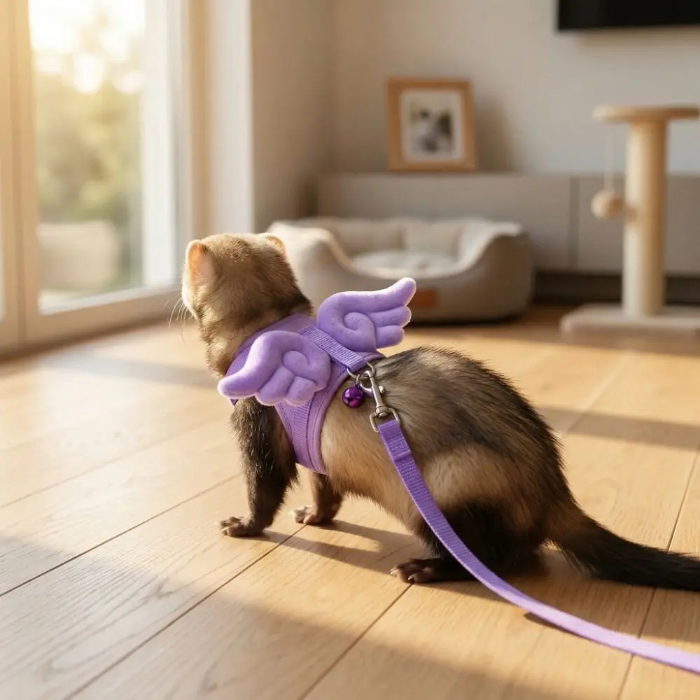 Adjustable Ferret Traction Harness Cartoon Comfortable Guinea Pig Chest Strap with Bell Escape-Proof Pet Traction Rope Adventure