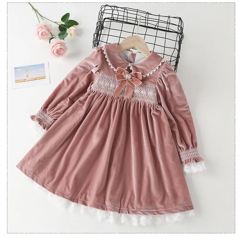 2024 Autumn Winter Warm Velvet Lining Smocked Dresses For Girls Embroidered Princess Christmas Dress New Year Party Kids Outfit