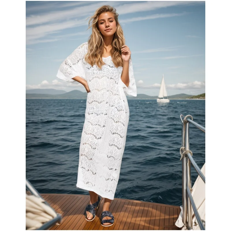 

Women's White Crochet Lace Beach Cover Up Dress Fashion V-Neck Long Sleeve Maxi Kaftan