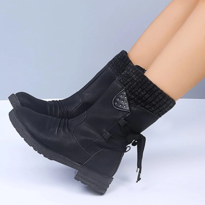 Autumn and Winter New Large Medium Tube Thick Heel Strap Pleated Vintage Women's Boots