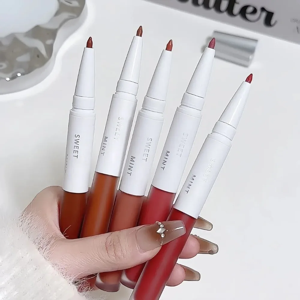 2 In 1 Double Ended Lip Glaze Moisturizing Lasting Lip Liner ปากกากันน้ํา Non-stick Cup กระจก Lip Gloss ผู้หญิงเครื่องสําอางค์