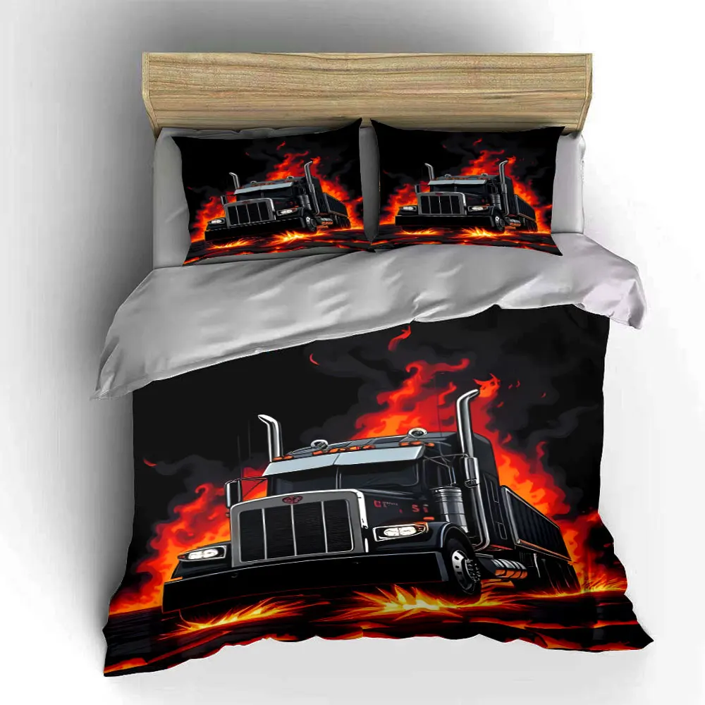 Black truck through fiery terrain Pattern Duvet Cover Set Digital Print Colorful Polyester Bedding with Zipper Closur for gift 5