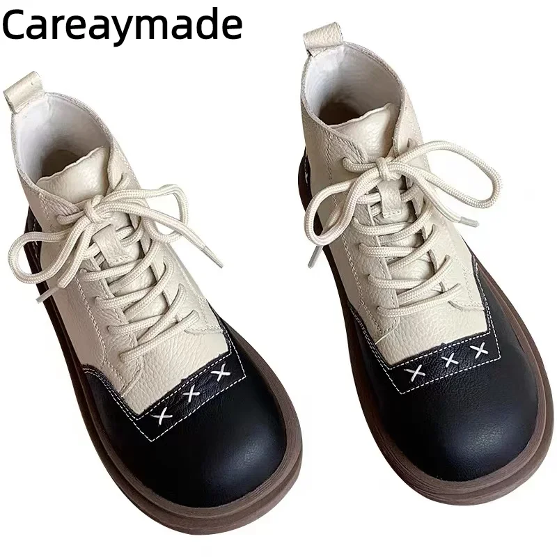 Careaymade-Genuine Cowhide Women\'s Boots Waterproof Winter Snow Boots Round Big Head Boots Handmade Art Shoes Casual Short Boots