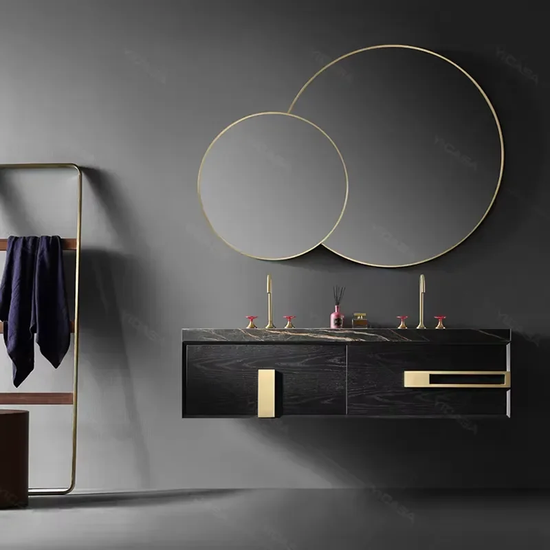 Sintered Stone Plate Basin Bathroom Vanity Brass Handle Solid Wood Wall Mounted Bathroom Cabinet With LED Mirror